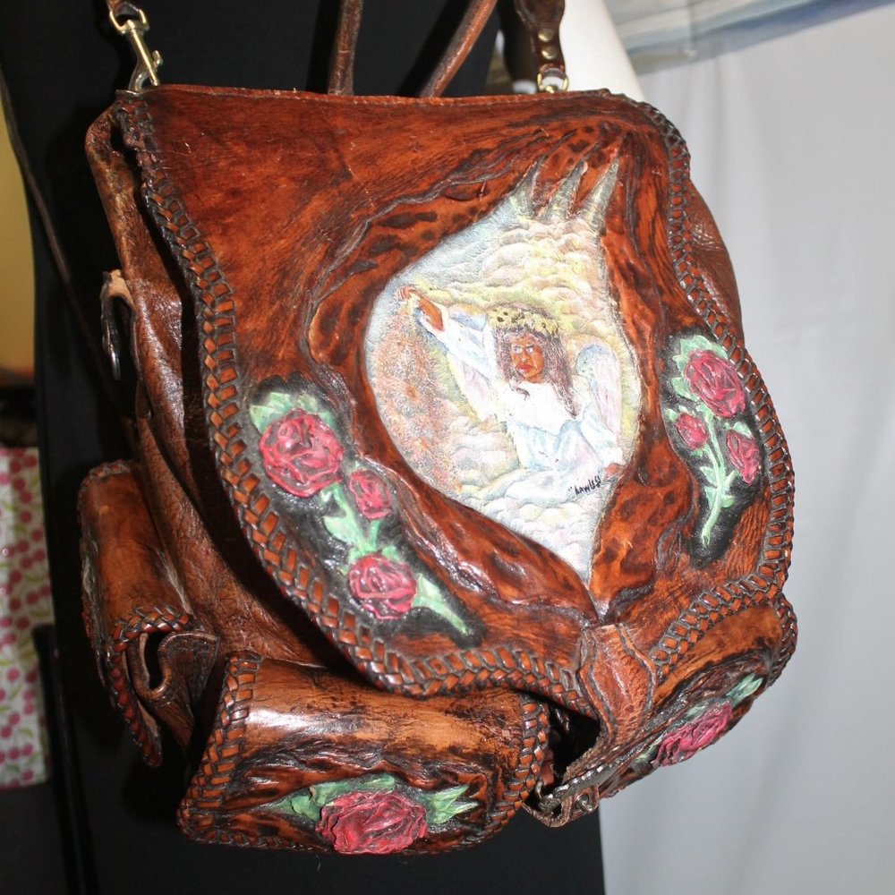 New Handmade Tooled Roses Angel Backpack & Wallet - Picture 15 of 16